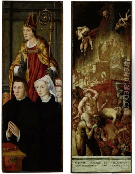 Bischof Mit Stifterpaar, Ruckseitig Darstellung Des Jungsten Gerichts Oil Painting - Pieter Claeissins the Elder