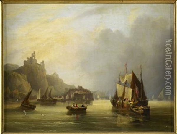 Shipping Off The English Coast (+ Another; Pair) Oil Painting - Frederick Calvert
