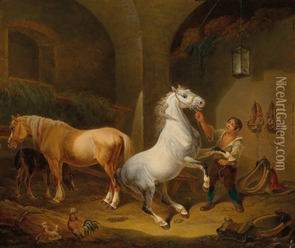 Stable Scene Oil Painting - Johann Baptist Dallinger von Dalling the Younger
