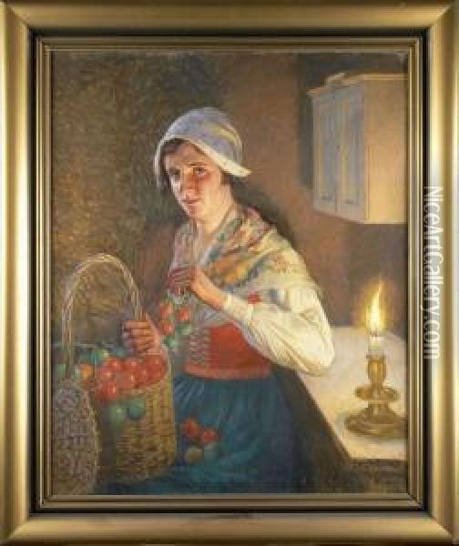 Flicka I Folkdrakt Oil Painting - Emil Lindgren