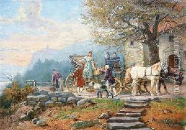 Die Ankunft Der Kutsche Vor Dem Schloss Oil Painting - F.A. Elmar Von Eschwege