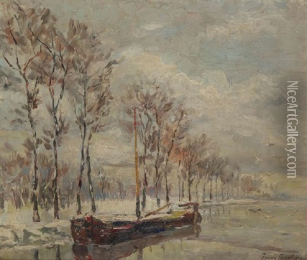 Vue D'un Canal En Hiver Avec Voilier Ammare Oil Painting - Franz Courtens