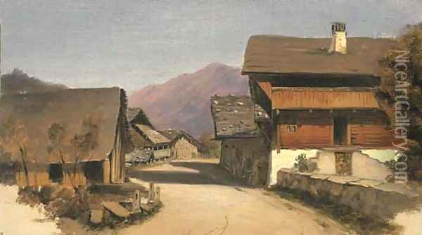 A village street in an Alpine landscape Oil Painting - French School