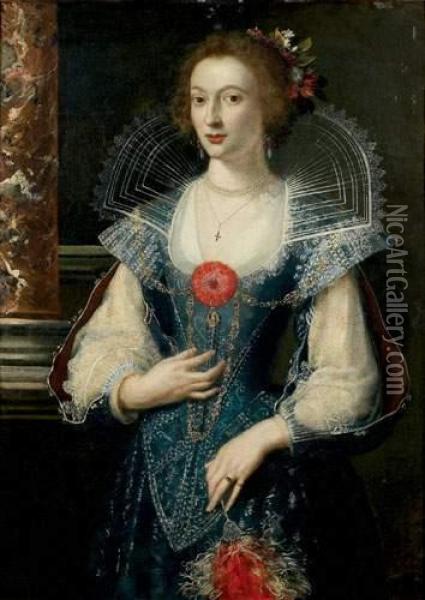 Portrait De Dame A L'?illet Pres D'une Colonne En Marbre Oil Painting - Justus Sustermans