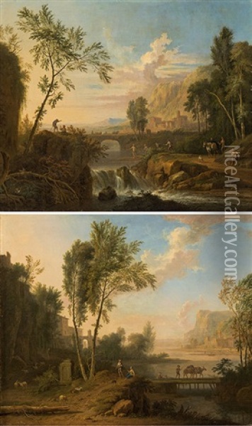 Arcadian River Landscape With Waterfall & Arcadian River Landscape With Wood Bridge (a Pair) Oil Painting - Jan Van Huysum