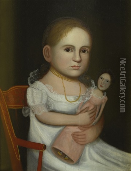 Portrait Of A Young Girl Wearing A White Dress And Gold Beads, Holding A Doll Oil Painting - Zedekiah Belknap