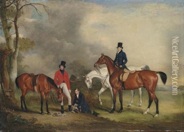 Portrait Of Captain James Ogilvy
 Fairlie Of Coodham, Full-length, In Hunting Dress, With His Grooms John
 Jennay And Cooper, And His Hunters Oil Painting - John Snr Ferneley
