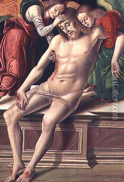 Dead Christ supported by two angels Oil Painting - Giovanni Santi or Sanzio