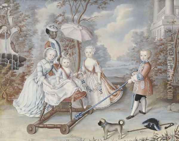 The children of a noble family playing in an elegant park attended by a page, a pug in the foreground Oil Painting - French School