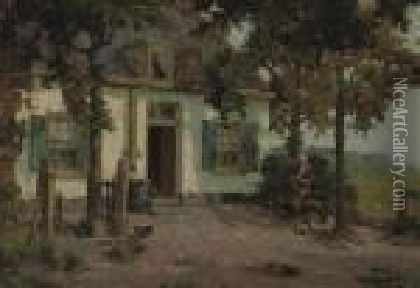 In Front Of The Farmhouse Oil Painting - Gerardus Johannes Delfgaauw
