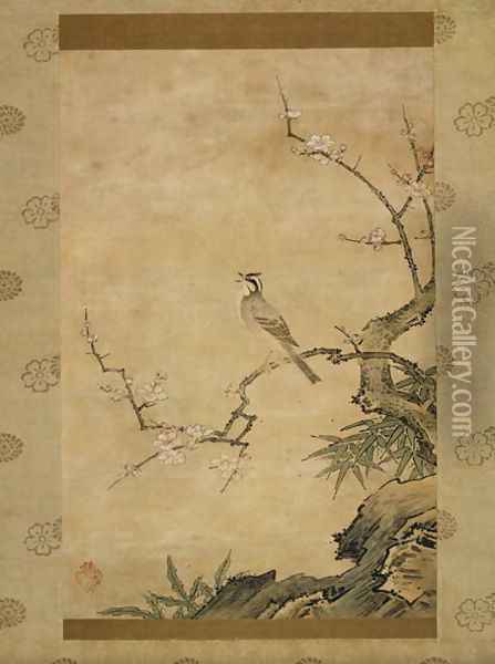 Small Bird and Plum Blossoms Oil Painting - Shoei Kano