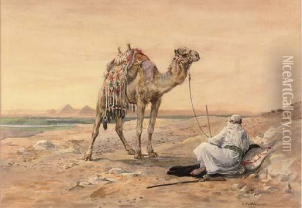A Bedouin And His Camel Resting Before Going Down To The Gates Ofcairo Oil Painting - Nellie Hadden
