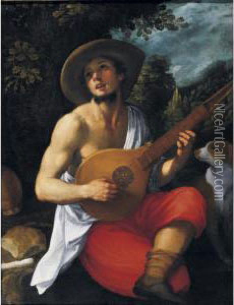 A Youth Playing A Guitar Oil Painting - Astolfo Petrazzi