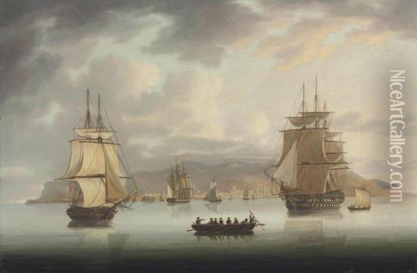Funchal Roadstead, H.m.s. Blenheim With Greyhound And Harrier Outward Bound Oil Painting - Thomas Buttersworth