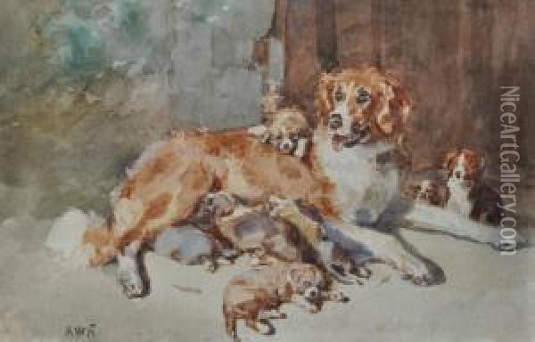 Dog Andpuppies Oil Painting - William Strutt
