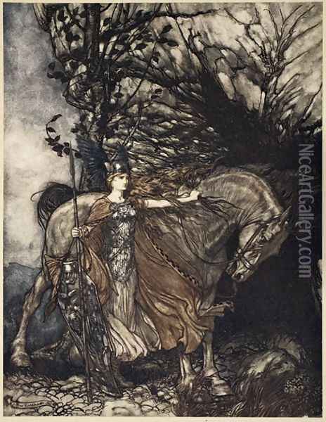 Brunnhilde with her horse at the mouth of the cave, illustration from The Rhinegold and the Valkyrie, 1910 Oil Painting - Arthur Rackham