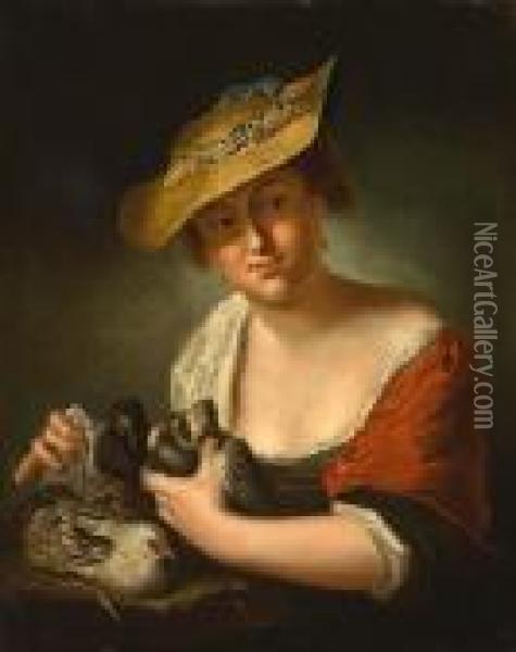 A Girl With Pigeons Oil Painting - Antoine Pesne