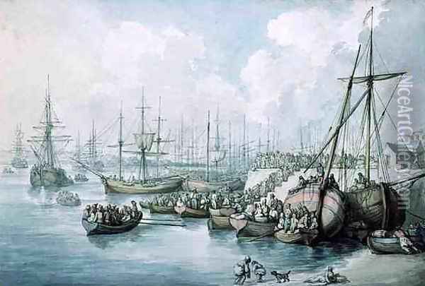 The Disembarkation of the Royalists of Toulon at Southampton in 1794 Oil Painting - Thomas Rowlandson