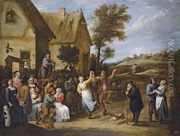 A village inn with peasants dancing and making merry to the music of a fiddler Oil Painting - David III Teniers