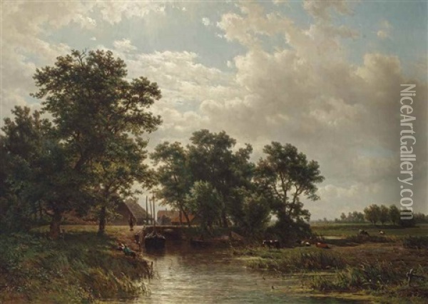 Fishermen Near A River, A Village Beyond Oil Painting - Jan Willem Van Borselen