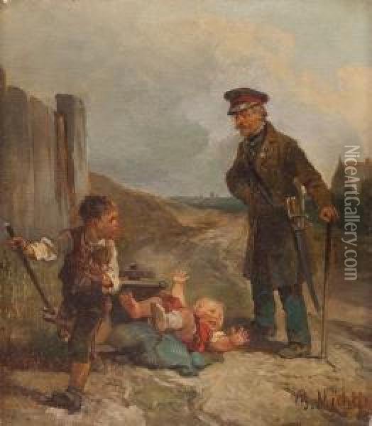 Alter Soldat Mit Spielenden Kindern Oil Painting - Bernhard Muthlig