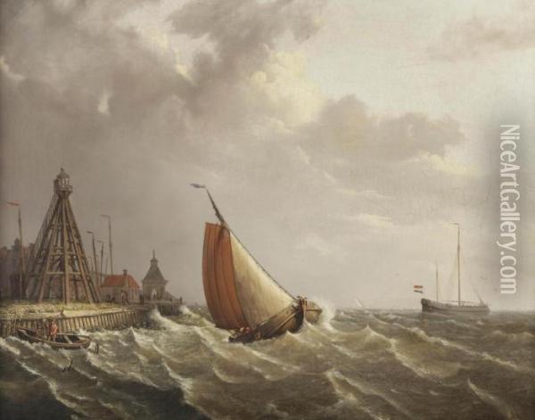 Ships In Stormy Weather Near The Coast Oil Painting - Johannes Hermann Barend Koekkoek