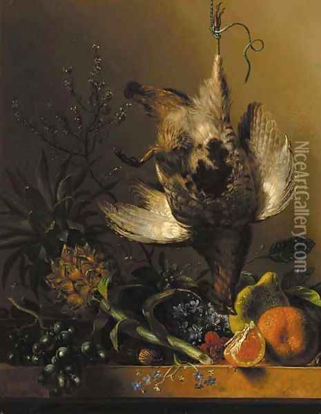 A still life with flowers, tropical fruit and a partridge Oil Painting - Hendrik Reekers