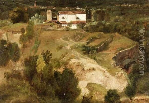 Italian Landscape With A Church On A Bank Oil Painting - August Albert Zimmermann