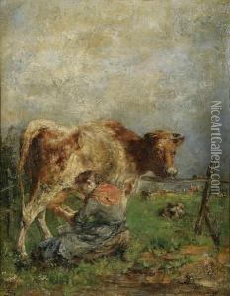 Koe In De Wei, Gemolken Doorgeknielde Boerin Oil Painting - Jan C. Neervoort