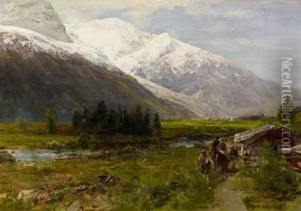 Hochgebirgslandschaft Mit Reisenden Vor Dem Mont Blanc Massiv Oil Painting - Oswald Achenbach