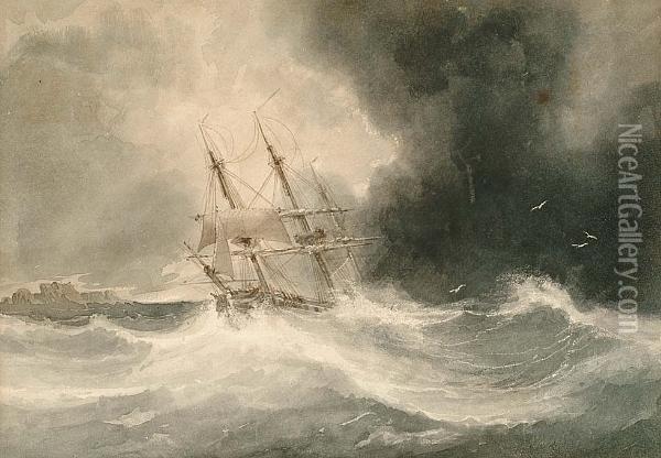 Reefed Down In A Gale Oil Painting - Anthony Vandyke Copley Fielding