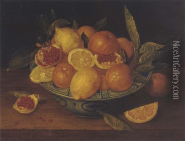 Chinesische Wanli-schale Mit Sudfruchten Und Einem Granatapfel Auf Einer Tischplatte Oil Painting - Jacob van Hulsdonck