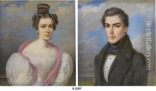 A Gentleman And Lady Of The Pugh Family; He Oil Painting - Johann Baptist Vanacker