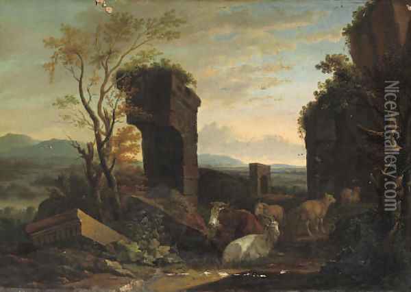 An Italianate landscape with cattle among ancient ruins, a river and a waterfall beyond Oil Painting - Philipp Peter Roos