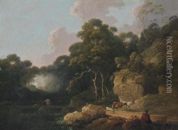 A Wooded River Landscape With A Drover And His Cattle Oil Painting - Julius Caesar Ibbetson