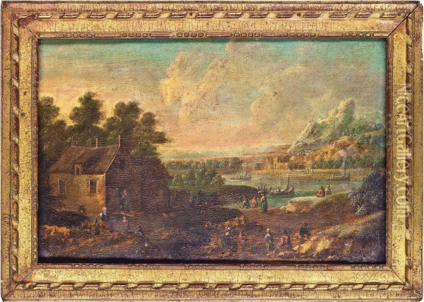 An Extensive River Landscape With Figures Resting On A Track Oil Painting - Marc Baets