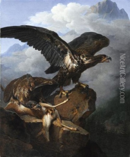 Aigles Avec Leur Proie (+ Busard Fondant Sur Des Perdrix Rouges; Pair) Oil Painting - Jean-Charles Develly