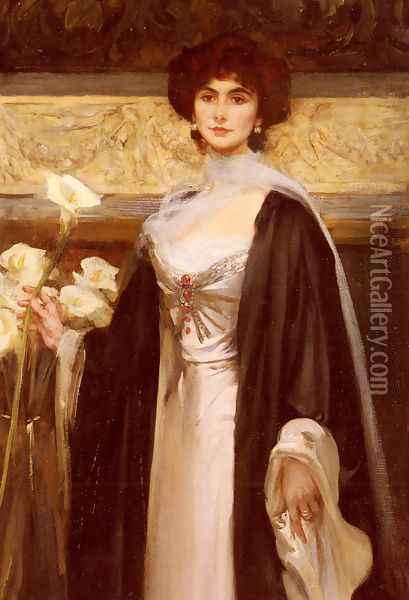 White Lilies (or A Portrait Of Baroness Alfred De Meyer) Oil Painting - James Jebusa Shannon