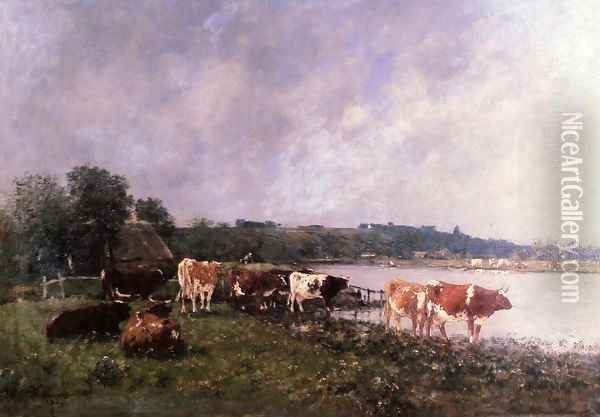 Cows on the Banks of the Touques 1880 Oil Painting - Eugene Boudin
