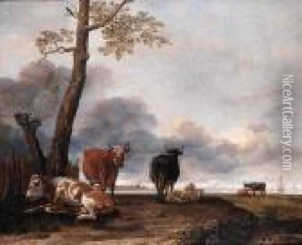 Cattle And Sheep By A Tree On A River Bank, Shipping Beyond Oil Painting - Anthonie Van Borssom