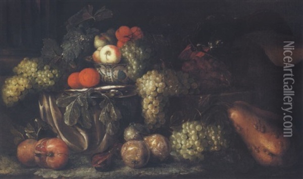 Still Life Of Fruit In A Blue And White Porcelain Bowl, And An African Grey Parrot, All On A Draped With A White Cloth Oil Painting - Jan Pauwel Gillemans The Elder