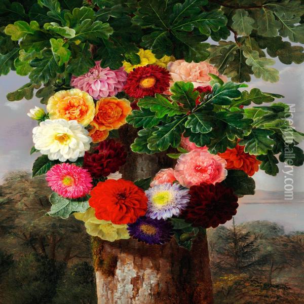 Wreath Of Dahlias On An Oak Tree Oil Painting - Johan Laurentz Jensen