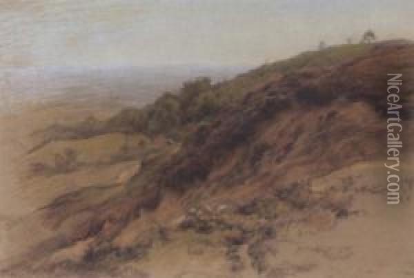 Sheep Grazing On A Hill (#) Trees By A Sandy Path (#) Helmcrag Oil Painting - William Linnell