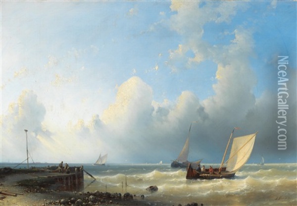 Fishing Boats By The Coast (+ Fishing Boats By The Coast At Sunset; Pair) Oil Painting - Abraham Hulk the Elder