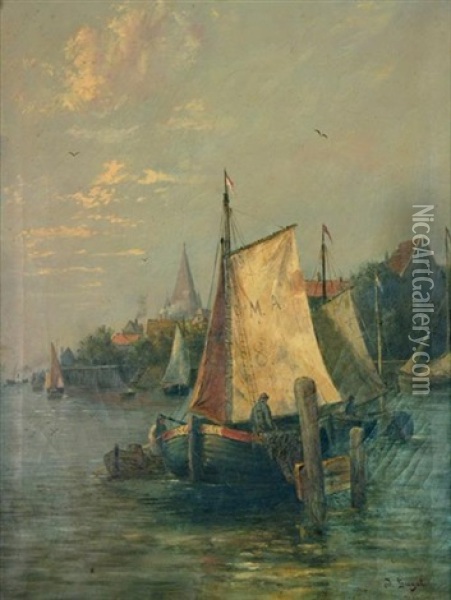 Untitled (harbour Scene) Oil Painting - Louise J. Guyot