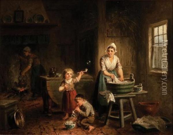 Children And Mother Doing Washing Oil Painting - Jan Jacobus Matthijs Damschroder