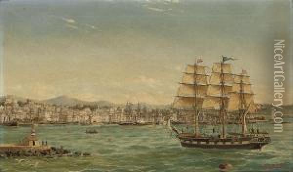 The Three Master Adria Entering Gorizia Harbour Oil Painting - Ludwig Rubelli Von Sturmfest