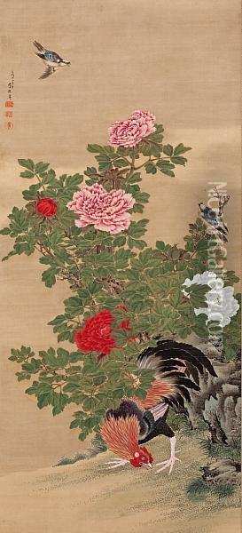 Rooster, Minivets And Peonies Oil Painting - Kishi Koma Ganku
