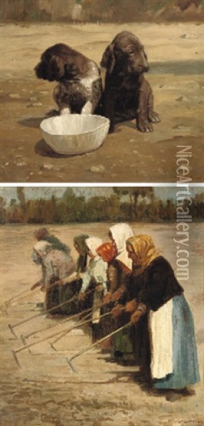 Spaniels With A Drinking Bowl (+ Peasant Women Ploughing; 2 Works) Oil Painting - Nikolai Alekseevich Melnikov
