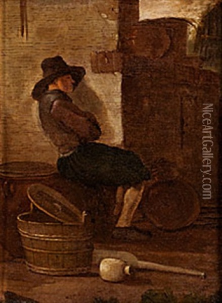 Koksinterior Med Sittande Man Oil Painting - Quiringh Gerritsz van Brekelenkam